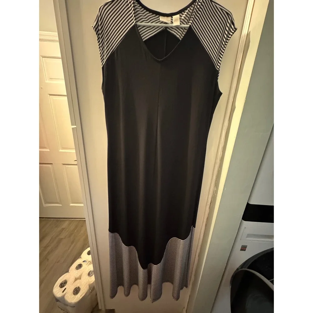Chicos Travelers Black Striped Maxi Dress V-Neck Sleeveless Size 1 M